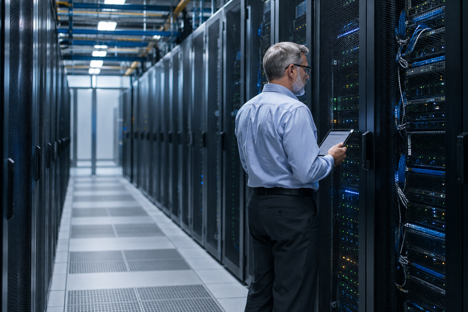 Technology engineer reviewing infrastructure in a modern enterprise data center